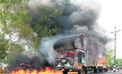 A truck carrying household items of two Army officers caught fire in Ambala Cantonment 
