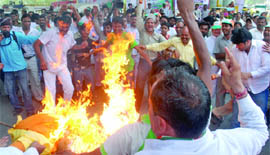 Activists of the DPCC burn an effigy of UP Chief Minister Mayawati to protest against the arrest of Rahul Gandhi  in Bhatta Parsaul, Grater Noida, in east Delhi