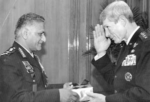 Chief of the Army Staff, Gen V.K. Singh (left) with US Air Force Chief of Staff, Gen Norton Schwartz during his recent visit to New Delhi.