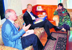 European Ambassador Daniele Smadja and Irelands Ambassador Kenneth Thompson with PDP chief Mehbooba Mufti in Srinagar on Friday