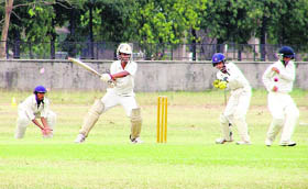 Players in action during a cricket match between Ludhiana and Ropar in Ludhiana on Friday.