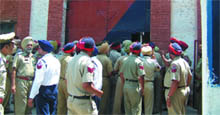 Massive security arrangements made outside the Central Jail at Ferozepur during the surprise checking.