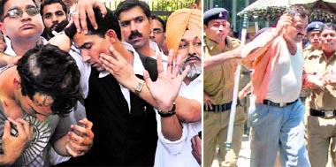 Advocate Harinder Singh and his brother showing injuries allegedly inflicted by naib court constable Ram Karan when the latter had on May 11 allegedly trespassed into their home in Mauli Jagran; and (right) Ram Karan, who was assaulted, being taken to the Sector 17 police station by fellow policemen in Chandigarh on Saturday.
