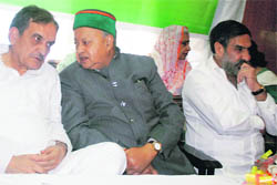 (From left) In charge of party affairs, HP, Birender Singh, Union ministers Virbhadra Singh and Anand Sharma in Shimla on Sunday