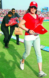 Kings XI Punjab owner Preity Zinta runs in the HPCA stadium in Dharamsala on Sunday
