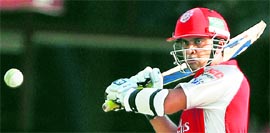 Kings XI Punjabs Paul Valthaty plays a shot against Delhi Daredevils during their match in Dharamshala on Sunday.