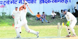 A batsman gets bowled in a match in the All-India Uttarakhand Gold Cup Cricket Tournament in Dehradun on Monday.