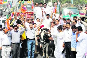 BJP activists hold a protest against the petrol price hike in Faridabad on Monday
