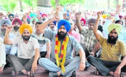 Harbans Singh Mundi (c), president PAU Employees Union, raise slogans against the authorities in Ludhiana at PAU campus