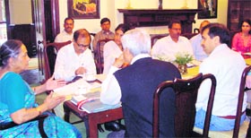 Uttarakhand Governor Margaret Alva holds a meeting with officials for restoration work on Raj Bhawan in Nainital on Tuesday.