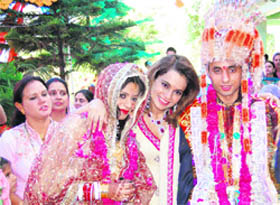 Bollywood actress Kangana Ranaut at her sister Rangolis wedding at Bhambala village recently.