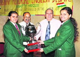 Participants from Mussoorie International School who won the All-India WC Kashyap Memorial English Debate in Dehradun on Wednesday