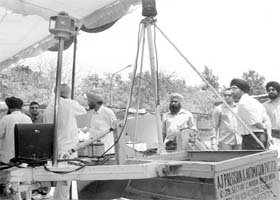 A laser-level machine put on a display during the Kisan Mela at Phase VII in Mohali on Thursday