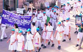 Students of DAV Public School participate in an anti-tobacco rally in Faridabad