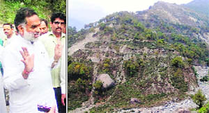 Dr Rajan Sushant and (right) the environmental degradation caused by the Om Power project near Palampur 