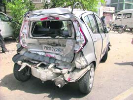 IMPACT A damaged Maruti Ritz car that was involved in a pileup in Ludhiana on Thursday. 