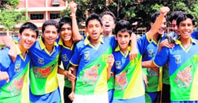Champions Players of St Johns School in a jubilant mood after winning the St Solider Football Trophy at Sector 28 in Chandigarh on Friday.