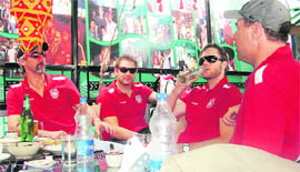 (From left) Players of Kings XI Punjab Jason Gillespie, Ryan Harris, Nathan Rimington and coach Michael Bevan in Hotel Mclo at McLeodganj