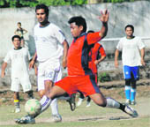 A match in the Presidents Cup football tournament played at the Pavilion ground in Dehradun on Saturday.