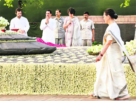 Congress president Sonia Gandhi, Rahul Gandhi, Priyanka Vadra and her husband Robert Vadra pay tribute to former Prime Minister Rajiv Gandhi at Veer Bhumi on his 20th death anniversary in New Delhi on Saturday.