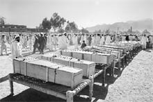 Residents gather near the coffins of victims killed after a tanker carrying fuel for NATO forces in Afghanistan was hit by a bomb in Landikota on Saturday. 