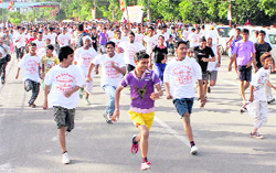 Participants take off at the start of the marathon organised by the Bhartiya Janta Yuva Morcha in Ludhiana on Sunday
