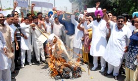 Members and activists of the Congress burning an effigy of cabinet minister Tikshan Sood in Bathinda on Monday.