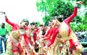 Dancers from Assam give a performance during the Lok Rang Manch theatre festival in Dehradun on Monday. 