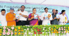 Governor Margaret Alva and Chief Minister Ramesh Pokhriyal Nishank at the foundation stone laying function of the administrative building of the new campus 