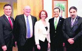 (From right) Anand Sharma, Union Minister for Commerce & Industry and  Naveen Jindal, Kurukshetra MP, along with Australian Prime Minister Julia Eileen Gillard and other dignitaries  during their visit to Australia. 