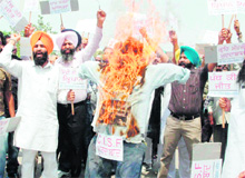 Members of the Sikh Students Federation (Mehta) burn an effigy of the Central Industrial Security Force in Amritsar