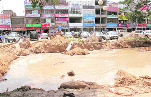Flooded Water supply to Phases IV and V was disrupted after the main pipeline was damaged during the widening of a road in Mohali on Tuesday.