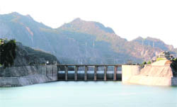 A view of the Ranjit Sagar Dam on the Ravi in the Basohli area of Kathua district