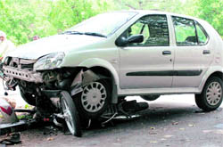 Two persons were injured after a motorcycle was hit by a car opposite the Sector 16 hospital in Chandigarh on Wednesday morning