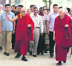 The Dalai Lama with Tibetan Prime Minister-in-exile Samdong Rinpoche at the Tshugla Khang temple in McLeodganj 