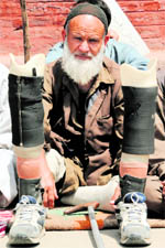 A member of the All Jammu and Kashmir Handicapped Association on a fast in Srinagar on Wednesday