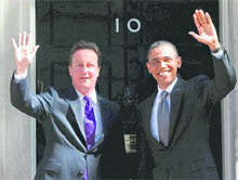 British Prime Minister David Cameron and US President Barack Obama at 10 Downing Street in London on Wednesday