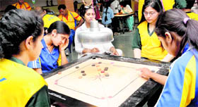 Players in action during the 11th North Zone Carrom Championship at St Stephens School, Sector 45, Chandigarh, on Thursday.