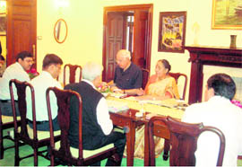 Dr Farooq Abdullah, Union Minister of Renewable Energy Sources, and Uttarakhand Governor Margaret Alva at a meeting on renewable energey with officials at Raj Bhawan at Nainital on Thursday.