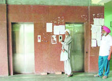Unaware about the fact that the lift was not available from the DFSC office, an old man waits for it to reach the ground floor in Ludhiana on Thursday