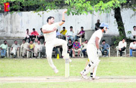 A bowler in action in a match in the All-India Uttarakhand Gold Cup Cricket Tournament in Dehradun on Friday