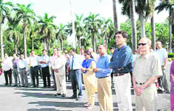 ONGC employees pay tributes to Keshava Dev Malviya on his death anniversary at the ONGC headquarters in Dehradun 