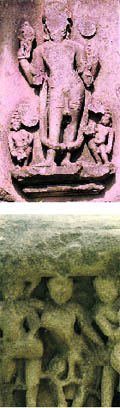 A panoramic view of the Yadavindra Gardens at Pinjore; and stone sculptures at the Bhima Devi Temple complex