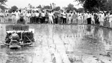 Krishi Vigyan Kendra officials demonstrate paddy transplanting machine to farmers of Fatehgarh Sahib on Saturday
