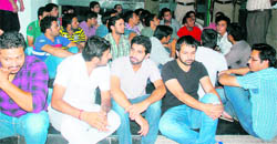 Students protest in front of the PU library in Chandigarh on Saturday