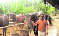 A young rider comes back to the stable as rain disturbed his daily practice on Sunday evening. 