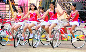 A troupe of circus artistes perform during a show of Apollo Circus in Dehradun on Sunday.