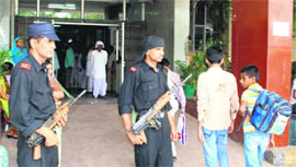 Haryana police commandos guard the PGIMS, Rohtak, following a recent shootout in the emergency wing of the institute.