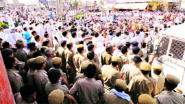 Teachers stage a demonstration in Jhajjar on Sunday.