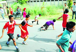 Children participate in the marathon organised by the Bharatiya Janata Yuva Morcha in Amritsar on Sunday. 